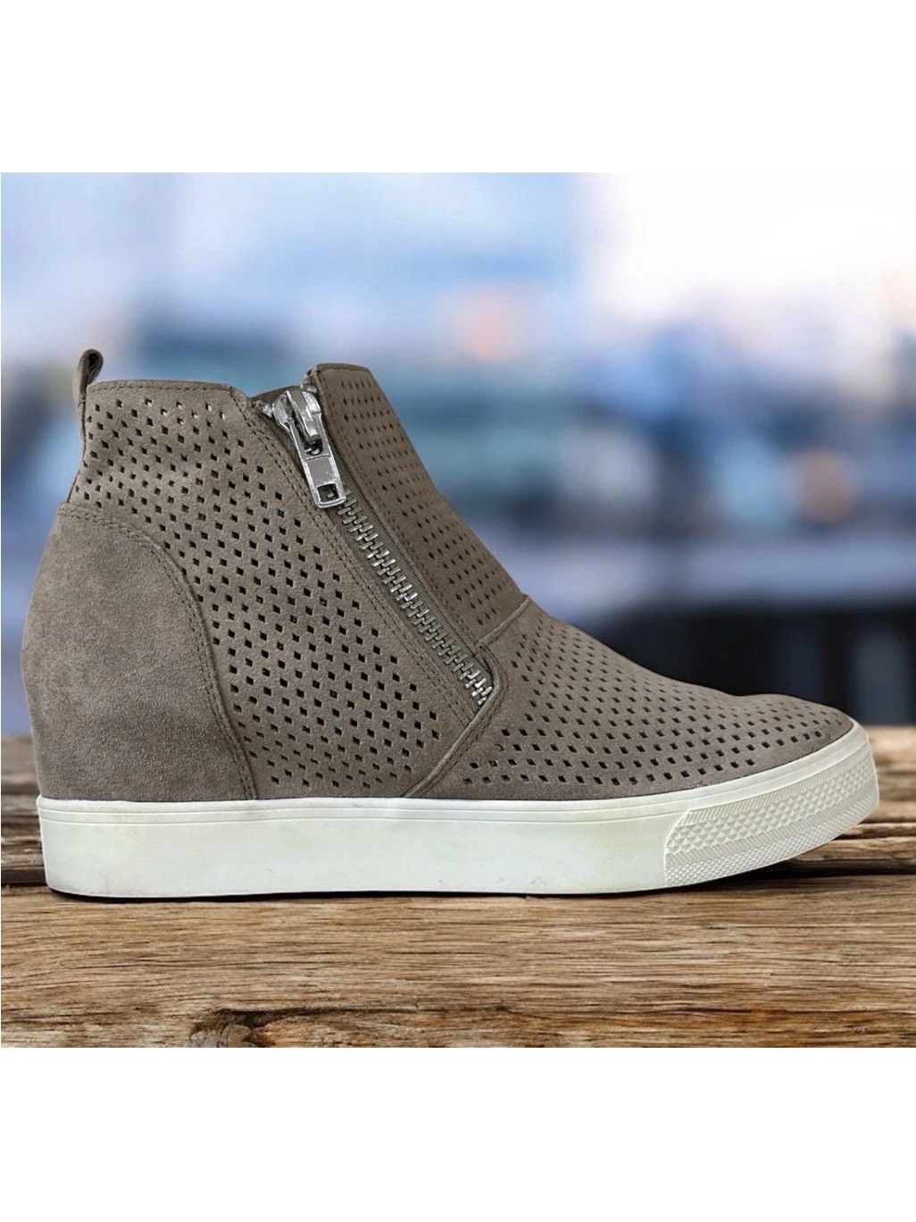 Steve Madden Taupe Perforated Wedge Sneaker Bootie With Side Zip
